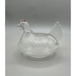 Hen On Nest Indiana Glass Clear Red Comb Chicken Covered Candy Dish Vintage